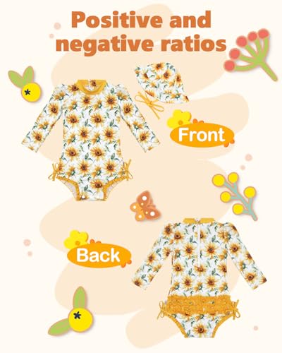 Image of ALVA Girls' One Piece Swimsuit with Hat, Baby Rash Guard Sets,Long Sleeve Zipper UPF 50+ Sun Protection Bathing Suit