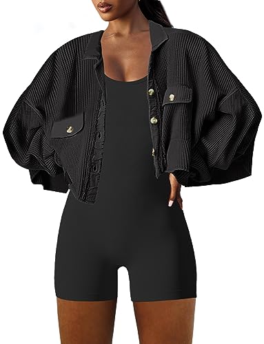 Image of Panadila Women's Cropped Waffle Knit Shacket Short Button Down Jacket Batwing Sleeve Shirts with Pocket