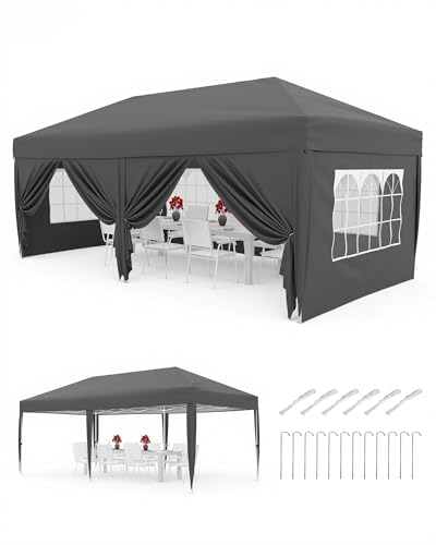 Gravee Tonnelle Pliante 3x6m Gris avec Parois Latérales, Imperméable et Anti-UV, Tente Pop-Up Robuste avec Sac de Transport pour Jardin (Gris, 3x6m)