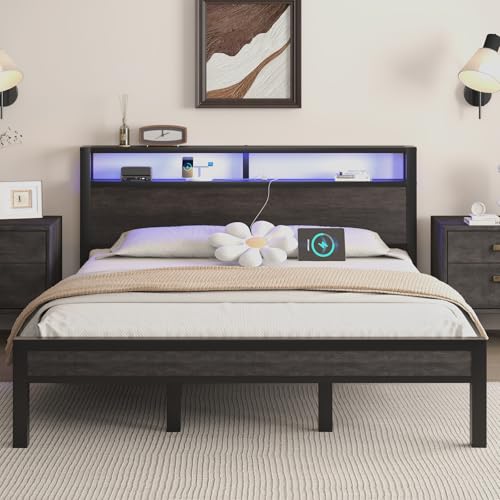 LOEWAY King Size Platform Bed with 2-Tier Storage Headboard, Metal