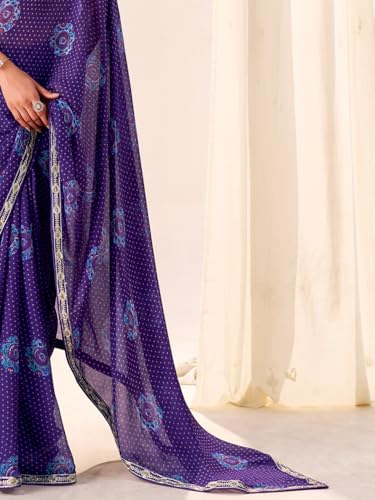 Image of AKHILAM Women's Bandhani Printed Chiffon Saree with Blouse