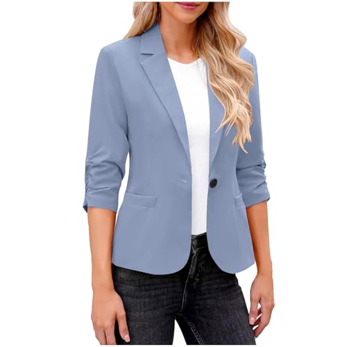 HGps8w 3/4 Sleeve Blazers for Women Dressy Open Front Suit Jackets Classic Solid One Button Casual Work Office Cardigans