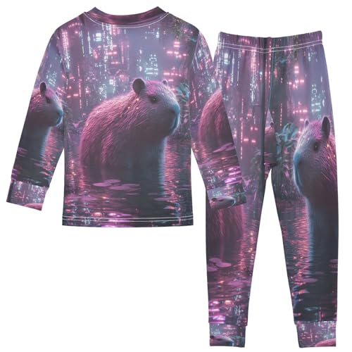 Pajama Sets Long Sleeve Cute Neon Capybaras Soft Comfy Sleepwear 2 Piece PJS 3-8T3