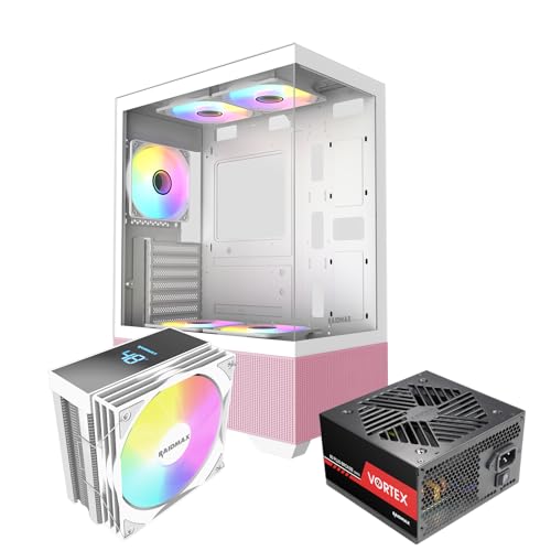 Image of Raidmax i802 Vibe Series ATX Mid Tower Gaming Case Bundle - Tempered Glass Side Panel, Includes 700W 80+ Power Supply, AM1204 Digital Display Air Cooler, and 5 Pre-Installed FRGB Fans (Pink)