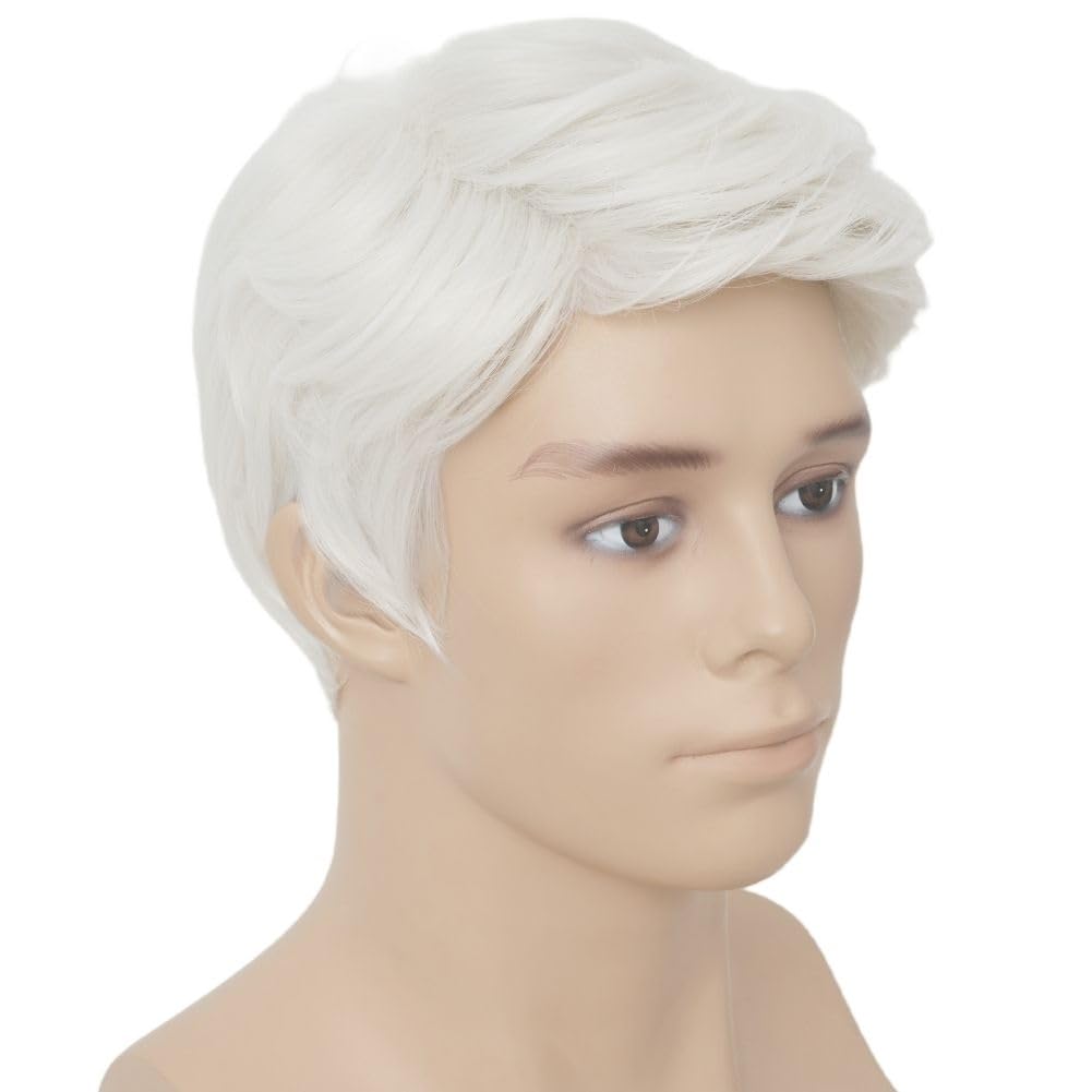 Siudus Mens White Short Wig Natural Heat Resistant Fibre Wig Cosplay Costume Party Wigs for Male Guys (White) - Image 4