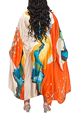 Image of Hostoyo Women Maxi Satin Robe Kimono Cardigan Plus Size Floral Print Open Front Long Sleeve Casual Outwear Cover Up One Size