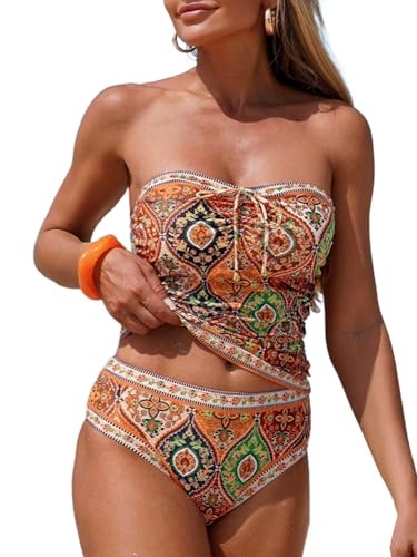 Image of ZAFUL Bandeau Tankini Swimsuits for Women Tummy Control Slim Fitted Swimwear Strapless 2 Piece Bathing Suit