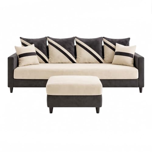 Image of SLEEPIFY Canza 4 Seater Sofa Set with Ottoman (Cream - Dark Gray) | Premium Soft Velvet | Plush Comfort Cushions | Modern Living Room Sofa | Spacious Comfortable Seating