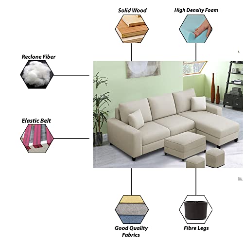 Image of Orland 4 Seater RHS L Shape Sofa with Center Table & 2 Puffy | Color - Cream