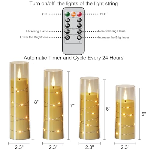 Image of Flameless Candles with Remote Timer, Embedded String Lights Candles Acrylic Flickering, Battery Operated LED Pillar Candles, 4 Pcs Unbreakable Plexiglass, Black, 2.3x5 /6 /7 /8 inches