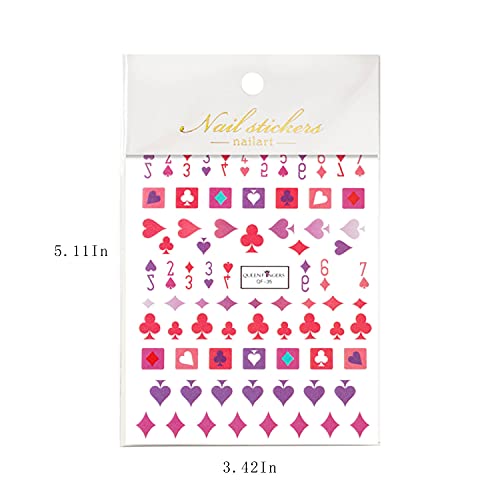 Fexo Poker Nail Art Stickers Decals 3D Nail Art Supplies Fashion Playing Cards Designer Nail Sticker Red Heart Diamond Spades Geometric Letter Nail Designs Sticker For Acrylic Nails (6 Sheets) #TOP4
