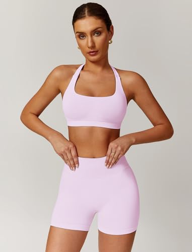 ABOCIW Workout Sets for Women 2 Piece seamless Halter Sports Bra Scrunch Butt Impact Shorts Gym Yoga Outfits2