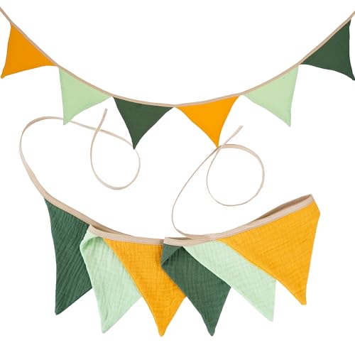 G2PLUS Grün Gelb Musselin Wimpelkette Kinderzimmer, 1.9m Musselinstoff Girlande für Kinderbettchen, Kinderzimmer-Wandschmuck, Geburtstagsdekoration