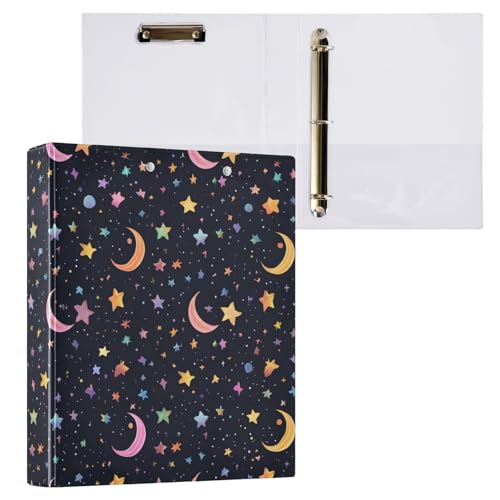 Image of 3 Ring Binder Star Moon Black 1.5 inch Binders Three Ring Binders with Clipboard Fit 8.5'' x 11'' Paper 3 Interior PVC Clear Pockets for Office Supplies