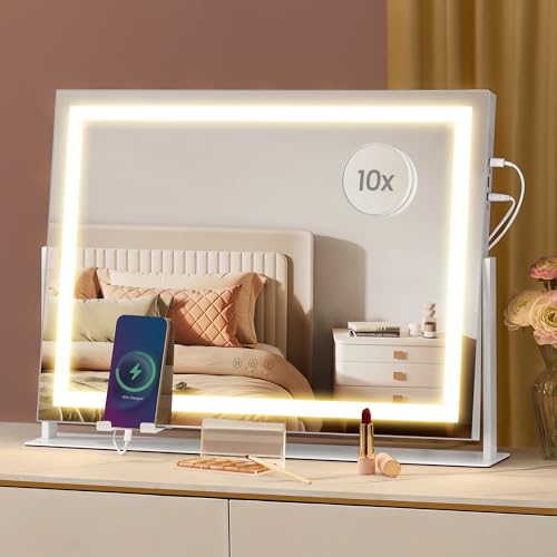 SONGMICS Miroir de Maquillage avec Éclairage, 15 Ampoules LED, Multiprise, Contrôle Tactile, 3 Températures de Lumière, Intensité Réglable, Support de Téléphone, Blanc Mat LWM002W02