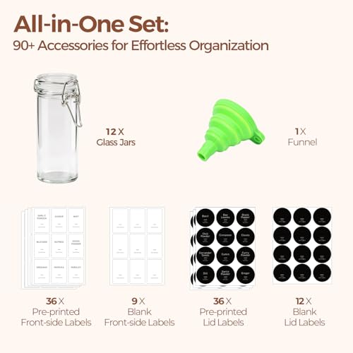 Image of ComSaf Small Glass Spice Jars with Airtight Lids 4oz 12 Pack with Labels | BPA-free food-grade glass, airtight lid, full spice collection, herb & seasoning, 16 labels, decorative