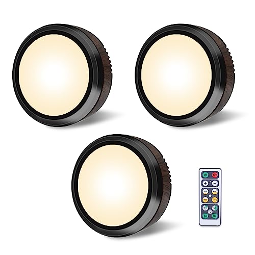 LEASTYLE Puck Lights with Remote,Battery Operated Under Cabinet Lights LED Closet Lights Dimmable Tap On Sticky Lights Under Counter Lights for Kitchen (3 Pack Warm White)