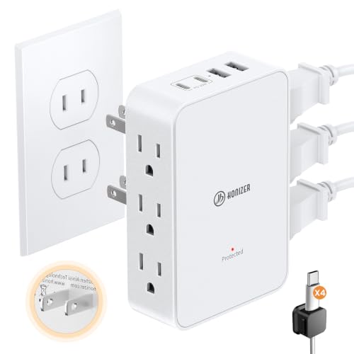 HONIZER 2 Prong to 3 Prong Outlet Adapter 3 Sided 6 Outlet PD 20W USB C