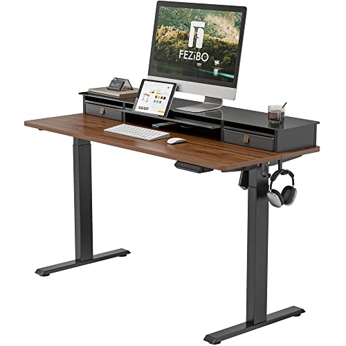 Fezibo Electric Standing Desk With Glass Top Monitor Stand,48 X 26 Inch Adjustable Sit Stand Up Table With Double Drawer, Sit Stand Desk With Storage Shelf, Black Frame/Black Walnut Top #TOP6