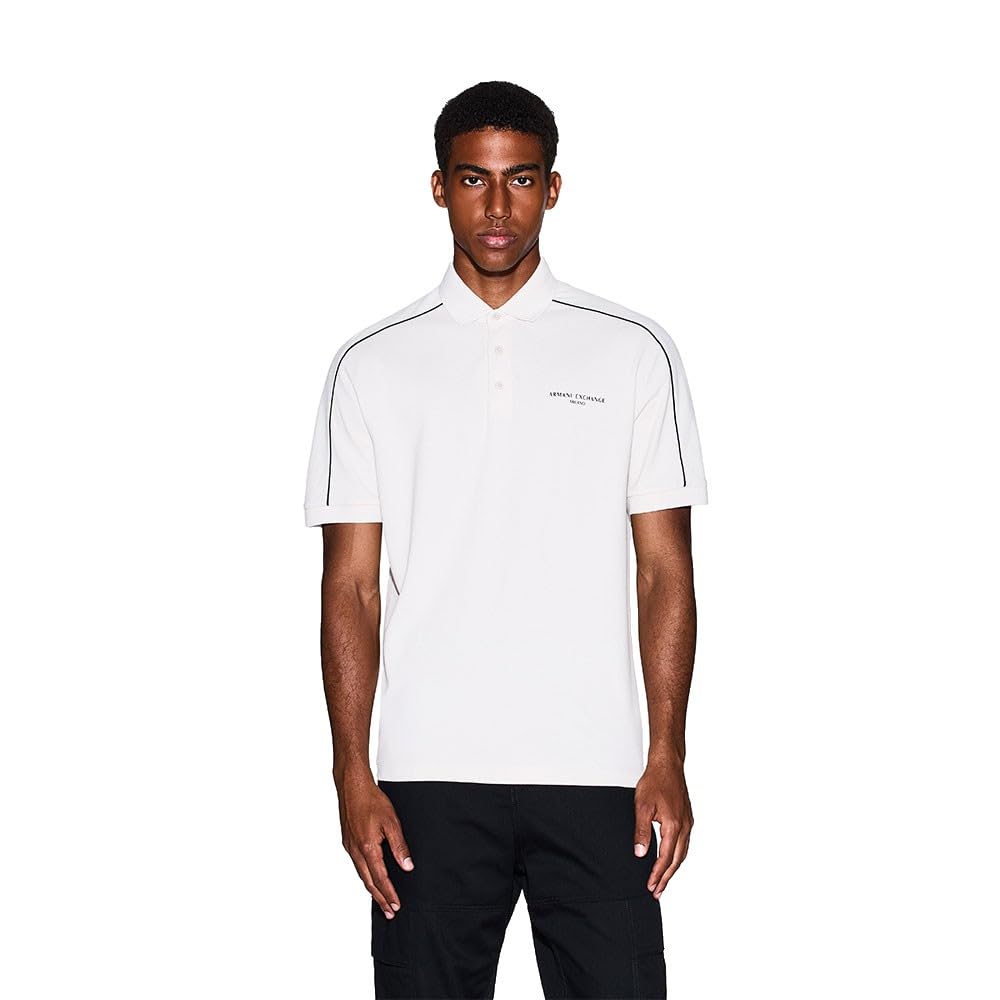 Armani Exchange Men's Short Sleeve Stripes Side Logo Three-Button Collar, Polo Shirt, Grey, L, Wind Chime, L