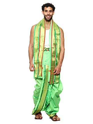 Image of Rameshwaram Fabrics Readymade Dhoti for Men, Velcro Style Stitched Mens Silk Dhoti Pant with Stole Set