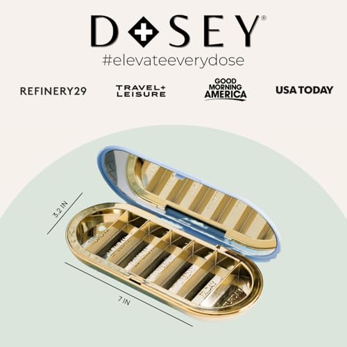 Image of Dosey 7 Day Pill Compact Travel Pill Organizer - Pill Case with 7 Pill Compartments for Medicine Storage & Protection - Stylish & Elegant Medication Organizer with Mirror (Blue)