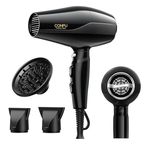 Professional Salon Hair Dryer, CONFU 1875 Watt Negative Ionic Fast Drying Blow Dryer, AC Motor Low Noise Hair Blow Dryer with Diffuser & 2 Concentrator Nozzles