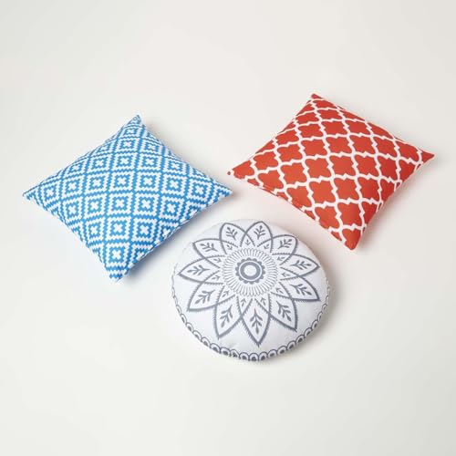 Homescapes 2er-Set runde Kissen Henna grau-weiß, Outdoor Kissen Mandala mit Füllung, Gartenkissen rund 40 cm