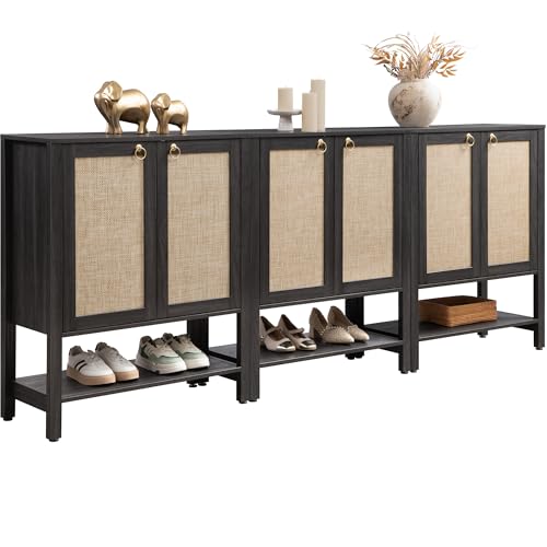 Image of SICOTAS Shoe Cabinet with Storage - 3 Pieces Farmhouse Boho Shoe Organizer with Rattan Doors & Shelves, 5 Tier Free Standing Shoe Rack Storage Cabinet for Entryway, Hallway, Foyer, Closet (Obsidian)
