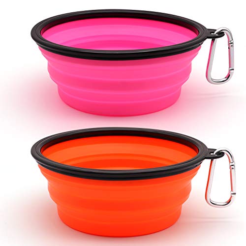 Dog Bowl Pet Collapsible Bowls, 2 Pack Collapsible Dog Water Bowls for Cats Dogs, Portable Pet Feeding Watering Dish for Walking Parking Traveling with 2 Carabiners (Large, Orange+Pink) by SLSON - Used condition - US$11.24