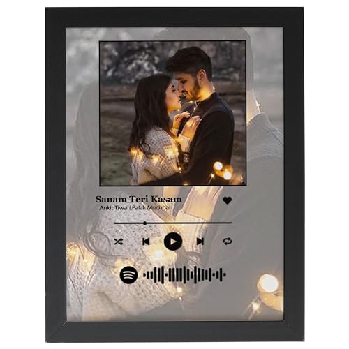 Image of wood Full Image Background Spotify Photo Frame with Customized Your Song & Photo - Scan Able Barcode for Couple, Birthday Gift 6x8 Inch Pack of 1, wall mount, Black