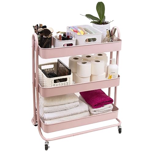 Craftelier - Carrito Grande Metálico de Organización con 3 Bandejas | 4 Ruedas Giratorias 360º con Frenos en 2 | Tamaño Total: 71,2 x 61 x 29 cm - Profundidad de Las Bandejas: 6,6 cm | Color Rosa