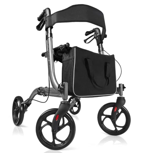 FANTASK Andador 2 en 1 para silla de ruedas, plegable y ligero, de aluminio, altura regulable, con bolsa de almacenamiento extraíble, para personas mayores y adultos, color gris