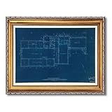 Framed Vintage Architectural Blueprint Poster Canvas Print Art Wall Art Pictures Wall Decor Elegant Home Decor for Office Living Room (Retro Framed,16L x24W)
