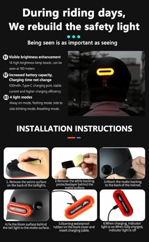 Image of LED Helmet Light, Motorcycle Helmet Light, Bike Bicycle Rear Red Safety Light for Night Riding, Warning Tail Rechargeable Light with Type-C Cable