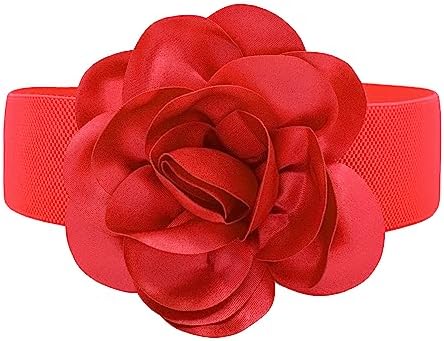 TeeYee Women Girls Big Flower Belt Cute Design Wide Elastic Waist Band Waist Décor Multi-colors red