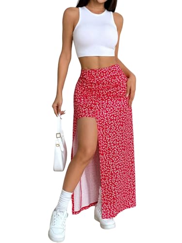 EARKOHA 2025 Skirts for Women Women's Ditsy Floral Full-Print Slit Skirt, Casual Holiday Wear Red L