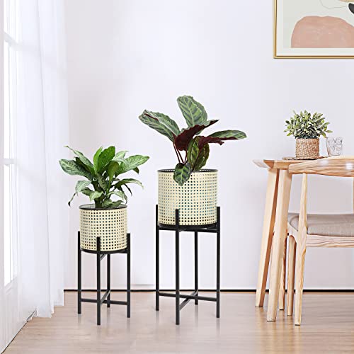 Rattan Imitation Weaving Metal Planter Set With Stands, Med-Century Style Plant Pots Holders For Indoor Plants, Floor Standing Plant Containers With Black Plants Stands, Pack Of 2 ( 24.4 Inches Tall) #TOP7