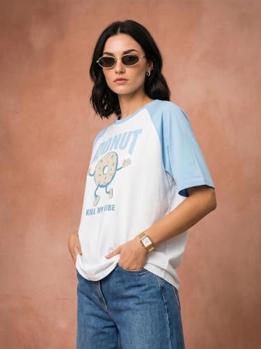 Image of JUNEBERRY 100% Pure Cotton Oversized Fit Drop Shoulder Graphic Printed Raglan Sleeves Boyfriend T-Shirt for Women (Sizes: S to 2XL)