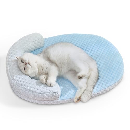 CATISM Cool Pet Mat - Cama refrescante para Gatos con Almohada, Lavable, tapete de refrigeración para Mascotas de Interior, Antideslizante, Grande (60 x 45 cm, Azul)