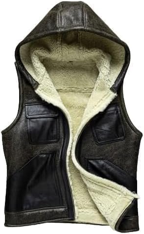 Shearling Fur Sheepskin Men's Sleeveless Hooded Vest – Thick, Warm Waistcoat Leather B3 Bomber Jacket Style