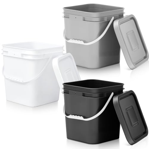 Image of Mumufy 3 Pcs 3.5 Gallon Square Food Grade Bucket with Lid Square Bucket Pail Plastic Handles for Long Term Food Storage, Camping, Fishing, Home Organization Easy Stack and Store (Black,Gray,White)