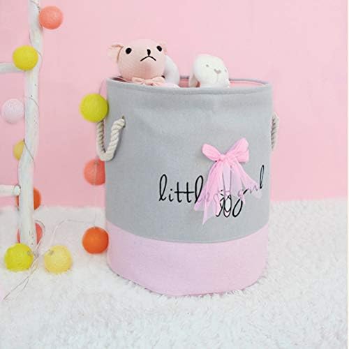 Fieans Cotton Toys Storage Basket Folding Round Laundry Hamper Canvas Nursery Storage Bin for Girls - Lace Bowknot, Gray