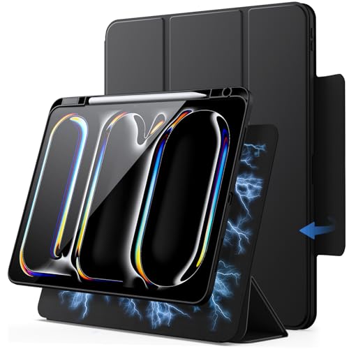 JETech Magnetic Detachable Case for iPad Pro 11-Inch M5/M4 (2025/2024) with Pencil Holder Removable Rotating Clear Cover Portrait/Landscape Stand with Raised Screen View (Black)