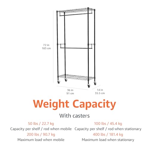 Amazon Basics WI-GAR1436B Adjustable, Double Hanging Rod Garment Rolling Closet Organizer Rack thumb #4