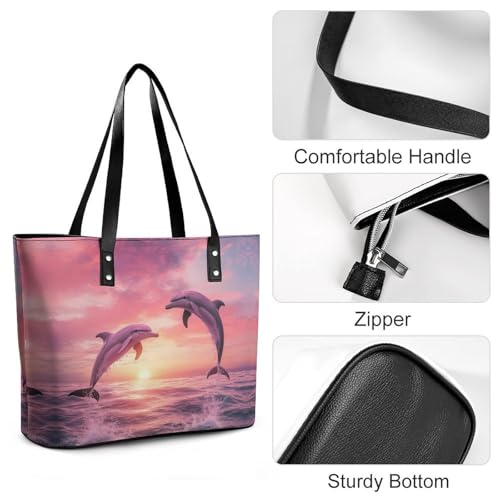Sea Dolphins Jumping At Sunset Women's Leather Handbag Shoulder Bag Tote Purse Bags for Shopping Travel4