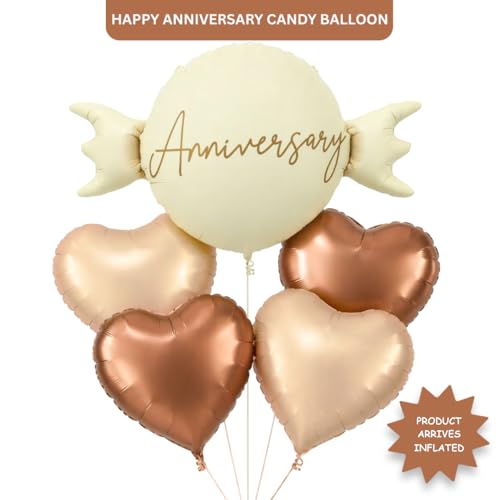 Image of Wanna Party Happy Anniversary Candy Shape Foil Balloon Set of 5 for Celebration Decoration | Candy Balloon with 2 Copper Heart Balloons & 2 Caramel Nude Heart Balloons | Helium Supported Party Decor