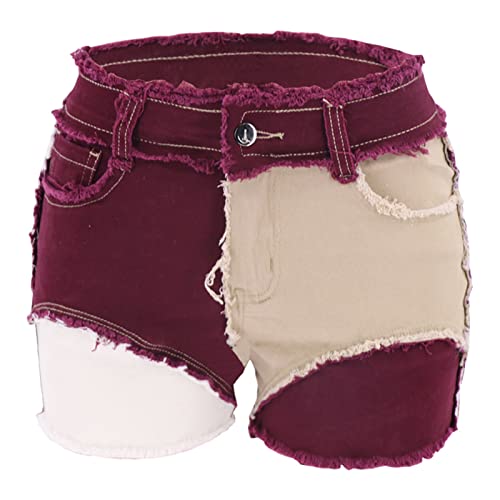 Women's Splicing Denim Shorts Casual Pockets Sexy Jeans Ultra-Short Denim Shorts Best Cut Off Jean Shorts (Small,Wine Red)