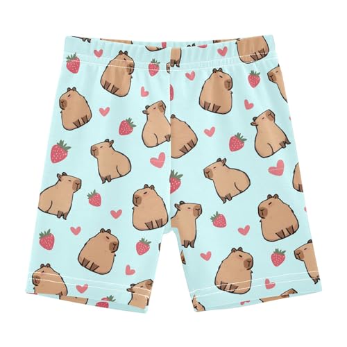 Cute Capybara with Strawberry Hearts Blue Girls Shorts Elastic Waist Sports Shorts Girls Leggings Pants for 4-10 Years