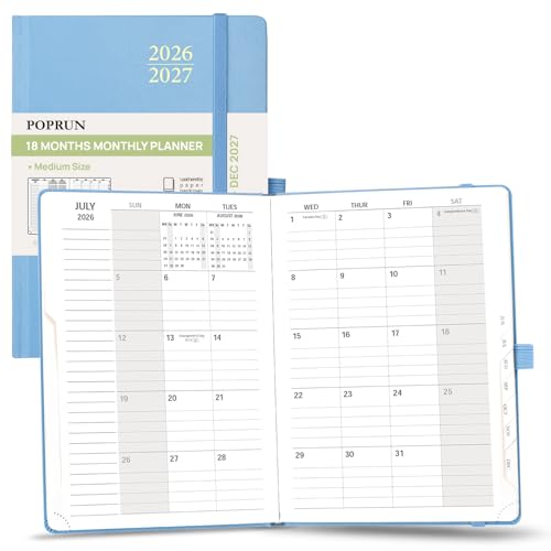 POPRUN Agenda mensual 2026-2027, 6.25 x 8.5 pulgadas, 18 meses (julio de 2026 a diciembre de 2027), calendario académico con pestañas mensuales, bolsillo interior, tapa dura, papel de 100 g/m², azul